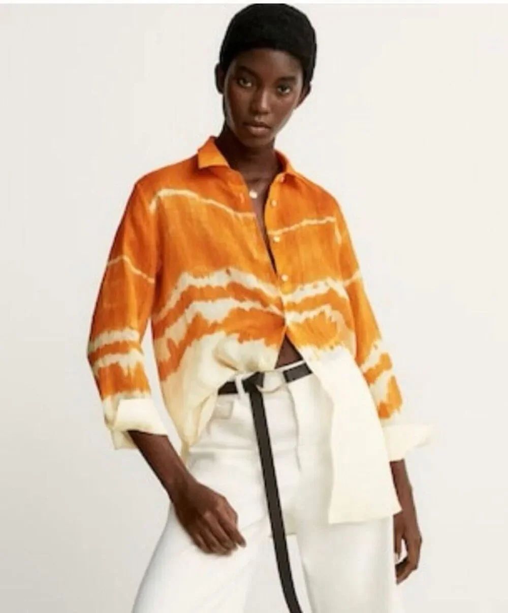 Massimo Dutti Orange/Cream 100% Ramie Tie-Dye Shirt 2